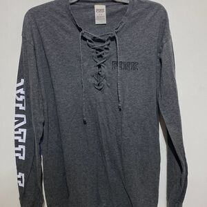 PINK Victoria's Secret Women's Gray Cotton Lace-Up Long Sleeve Shirt Medium
